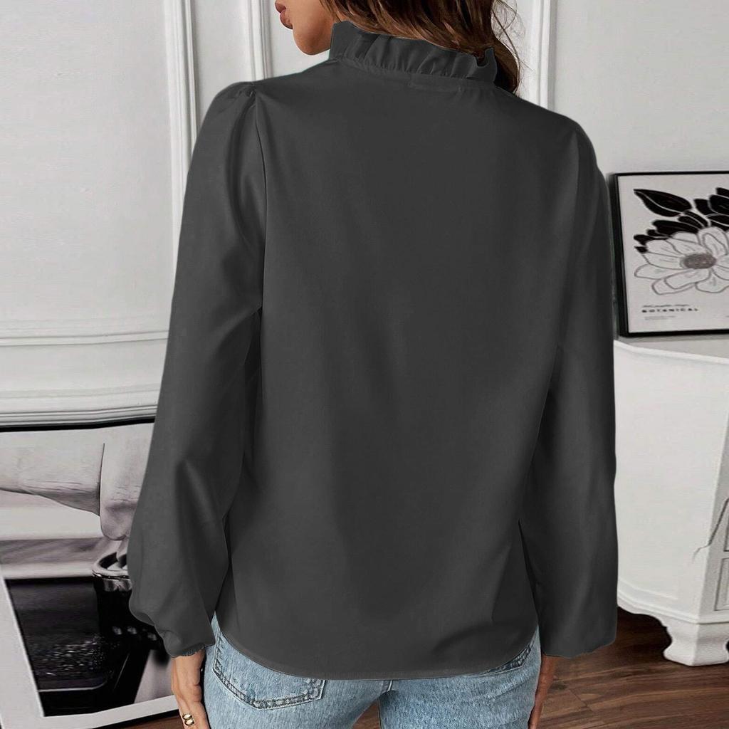 Women's Ruffle Edge Solid Color V-Neck Fashionable Casual Long Sleeved T-Shirt Shirt Top