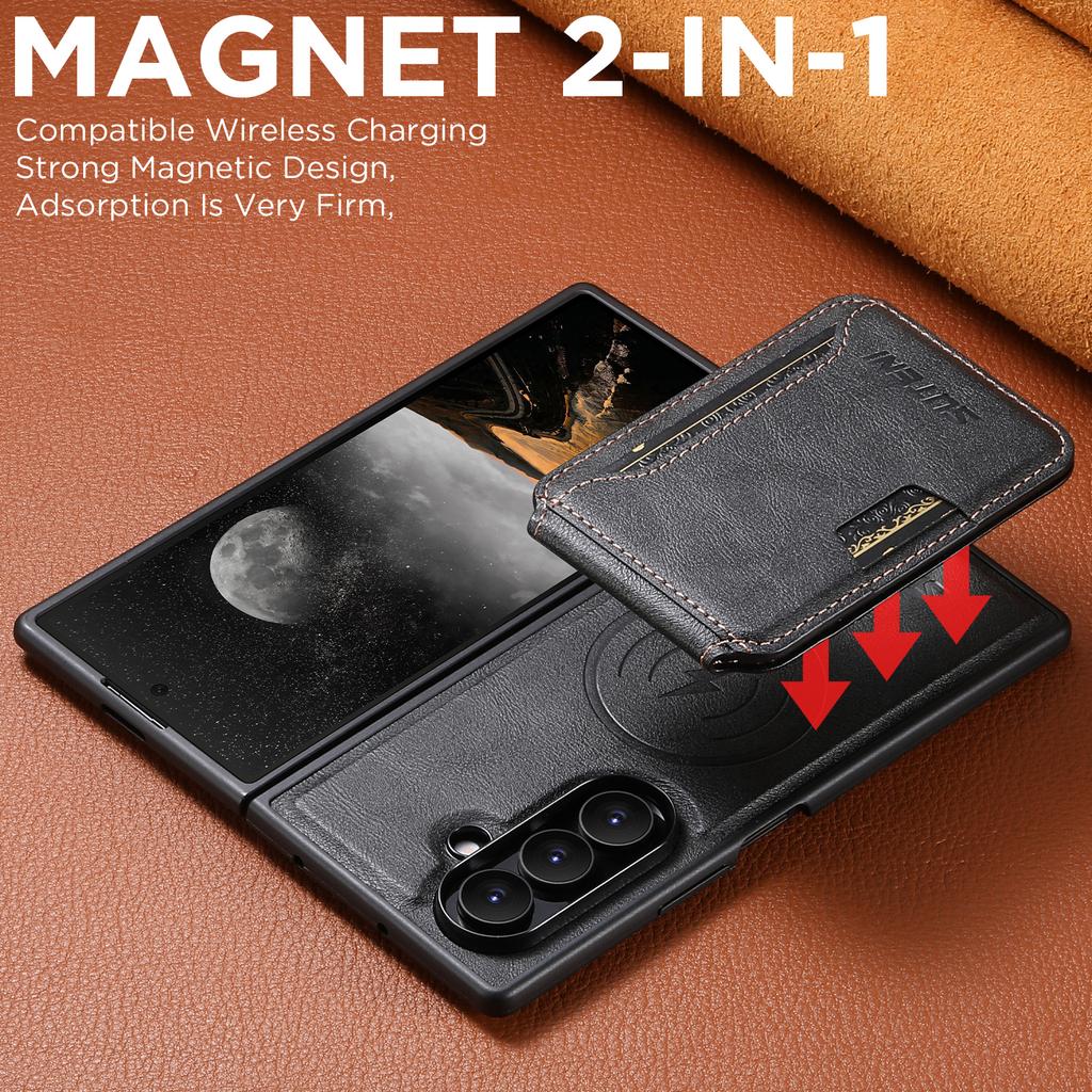 SUTENI M3 For Samsung Galaxy Z Fold7 5G Magnetic Case Cowhide Texture Leather Back Cover with Card Bag Kickstand