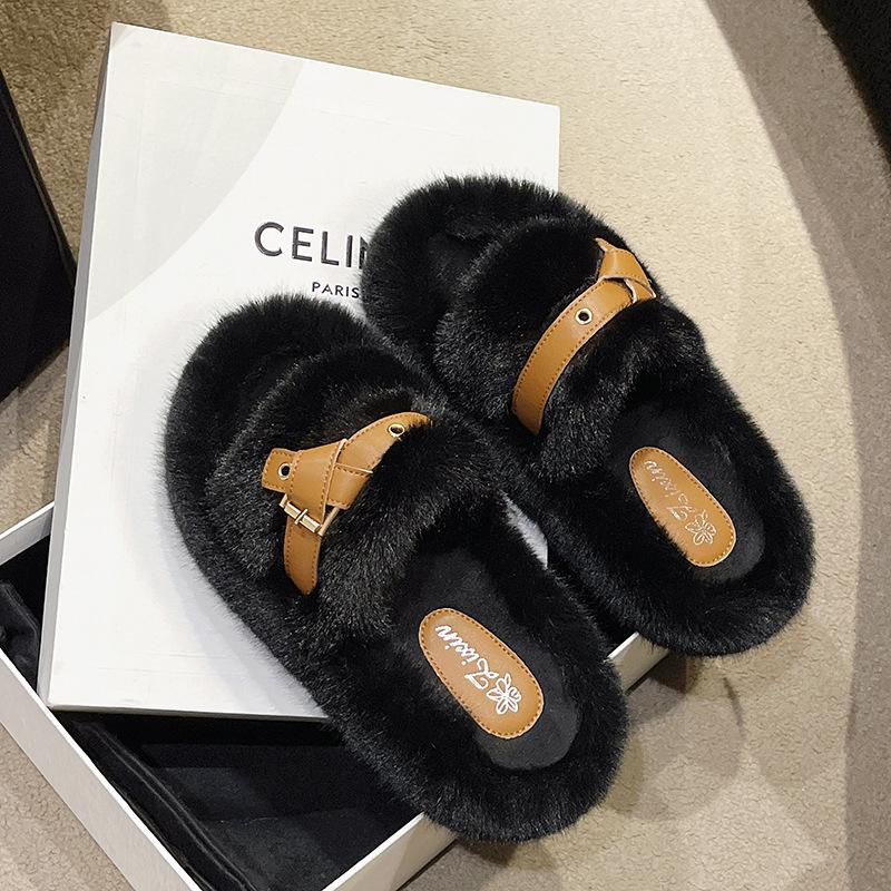 

Popular fluffy slippers women s summer wear 2025 new spring and autumn cotton shoes go out thick-soled fluffy cotton slippers 35 чёрный