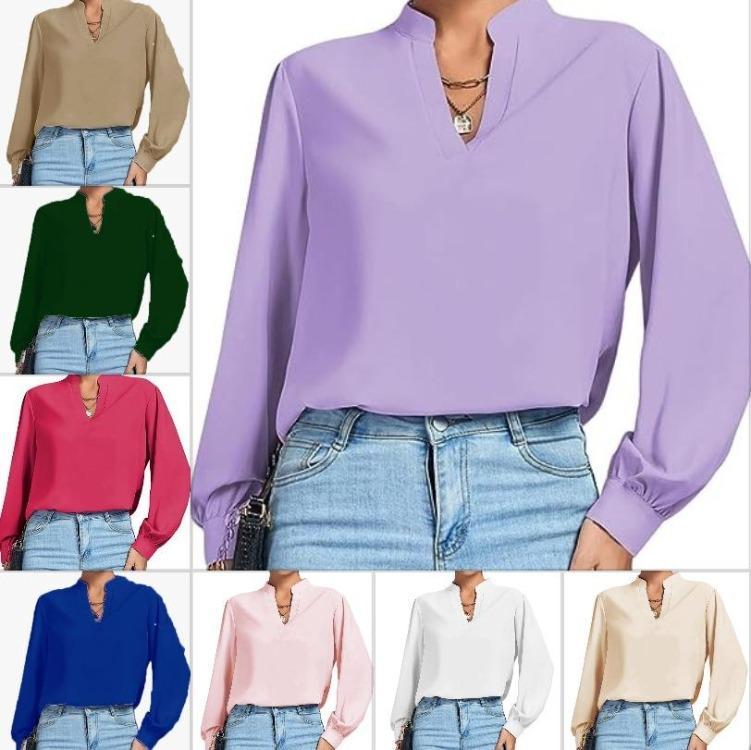 Women Work Shirt Elegant High Neck Long Sleeve Loose V-neck Top Stylish Soft Breathable Lightweight Pullover Shirt