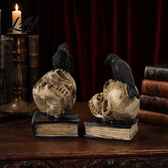 Mysterious Skull Ornament for Bookshelf Halloween Head Statue Gothic Crow And Book Sculpture Unconventional Art Office Spooky Resin Statue