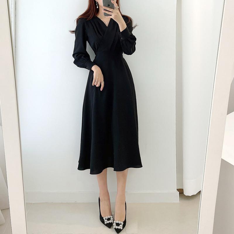 Harajuku V-neck Puff Sleeve A-line Maxi Dresses for Woman Women Solid Color Midi Robe Korean Office Dresses Elegant Spring 2026