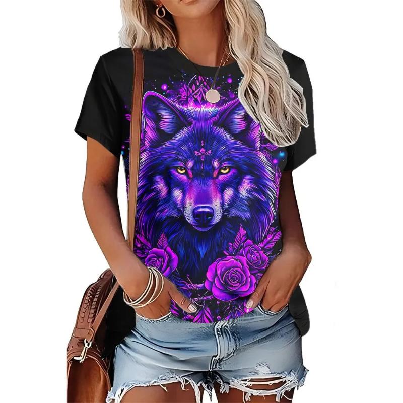 Modisches Damen Rundhals Kurzarm 3D Tier Farbdruck Tier Kurzarm Rundhals T-Shirt
