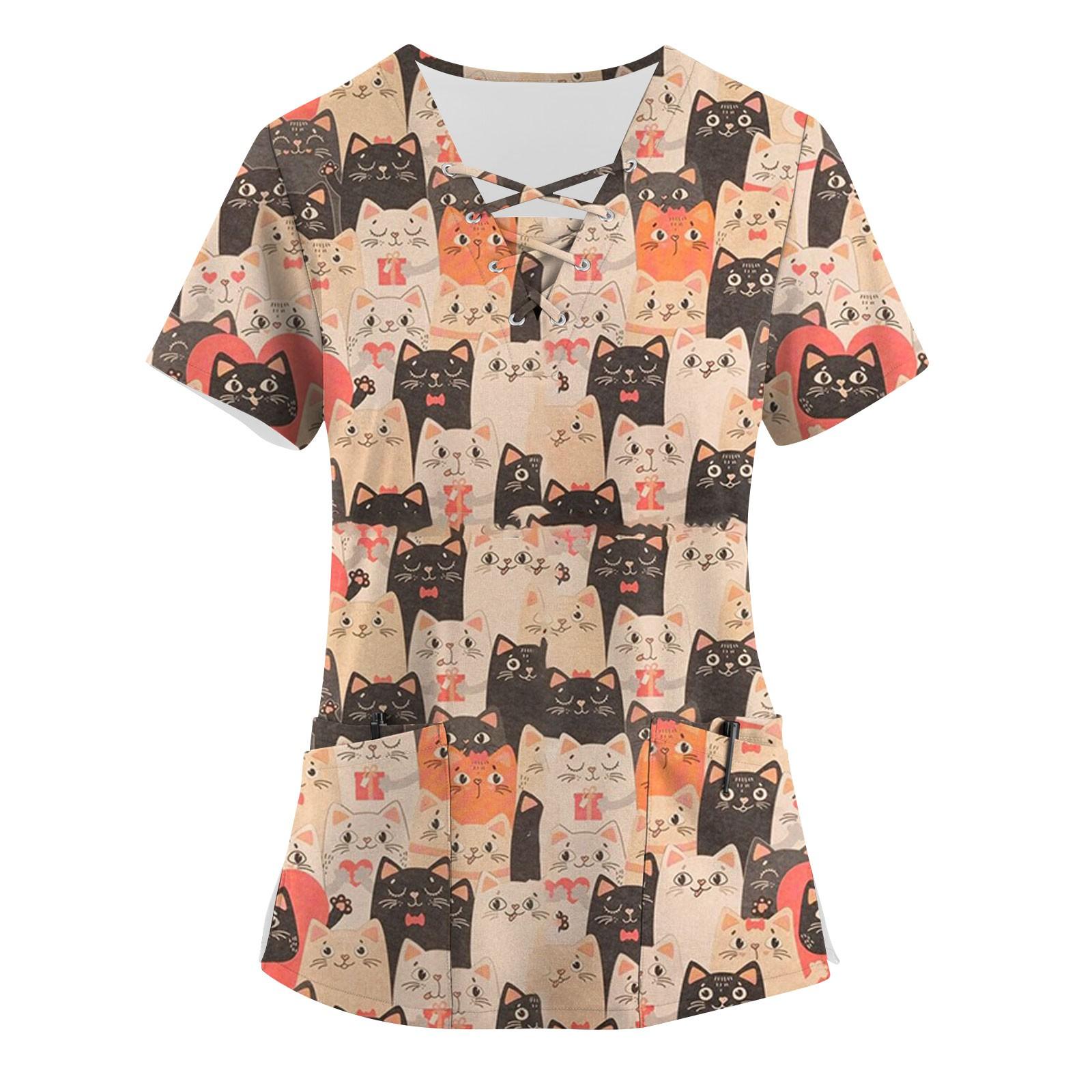 

Женские топы с короткими рукавами и v-образным вырезом с принтом, рабочая блузка с карманами XL