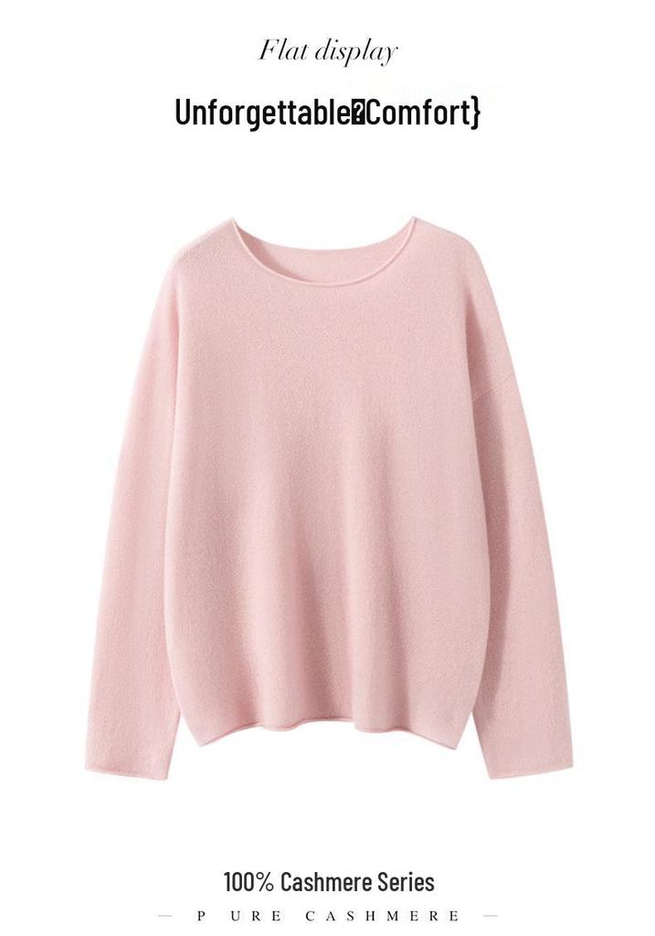 Early Autumn Lightweight Gold Thread Pure Cashmere Solid Round Neck Loose Pullover Sweater for Women