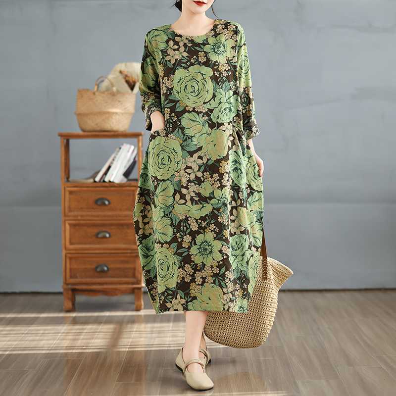 

2025 Новое винтажное платье пэчворк с принтом, круглым вырезом и длинными рукавами One Size