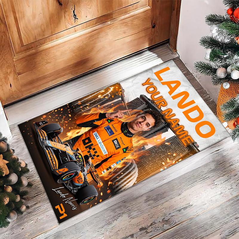 Lando Norris Crystal Velvet Rug, Custom Name Text Personalized Non‑Slip Floor Mat for Home Decor Gift