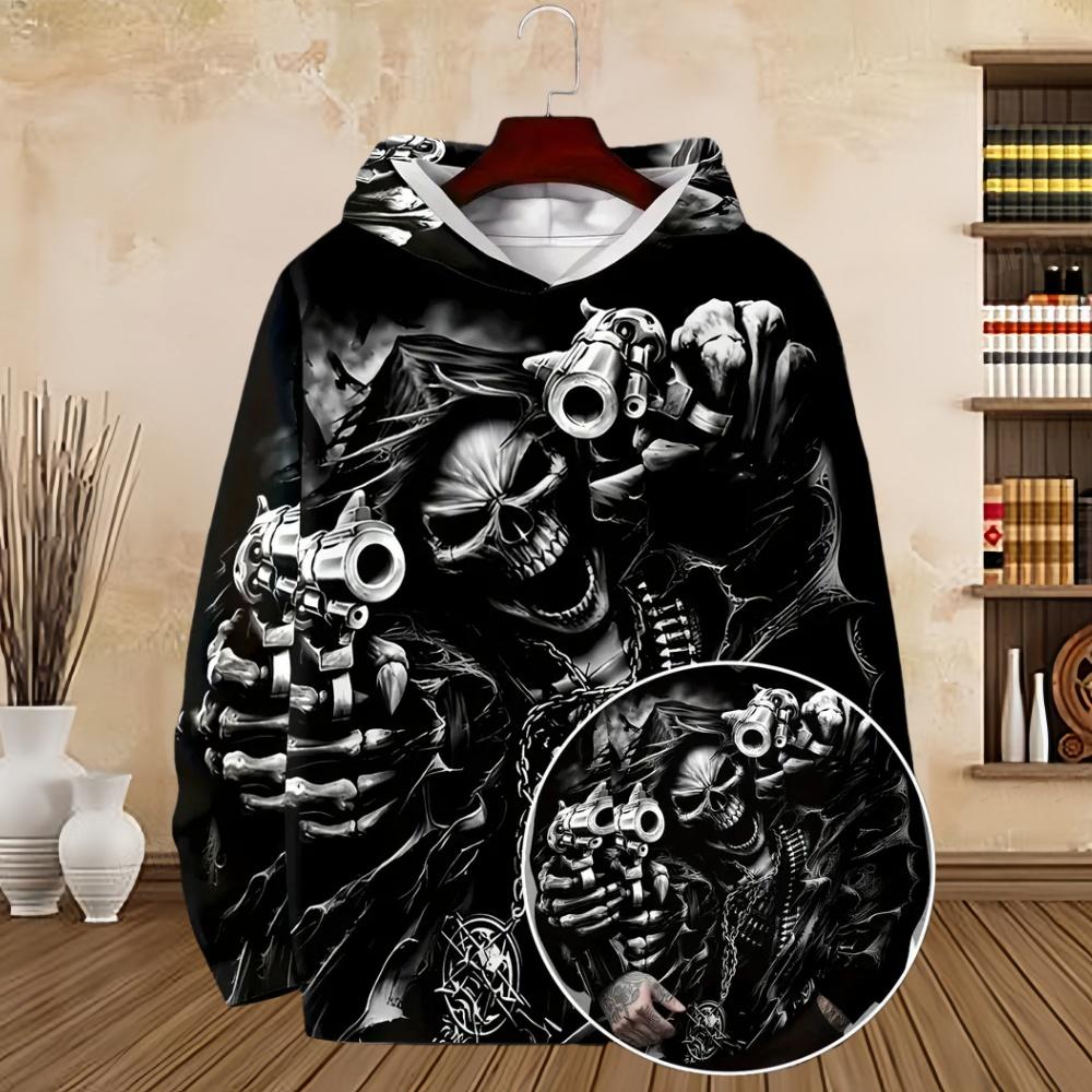 Man Hoodie Vintage Skull Print Comfortable Pullover Long Sleeve Men's Sweatshirt Tops Autumn Winter Casual Sports Men Clothing