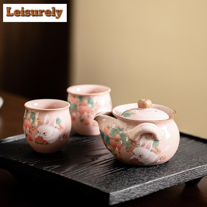 Strawberry Rabbit Ru Kiln Porcelain Tea Set Kit Handmade 1 Pot 2 Cups Tea Making Portable Travel Tea Set Organizer Tableware