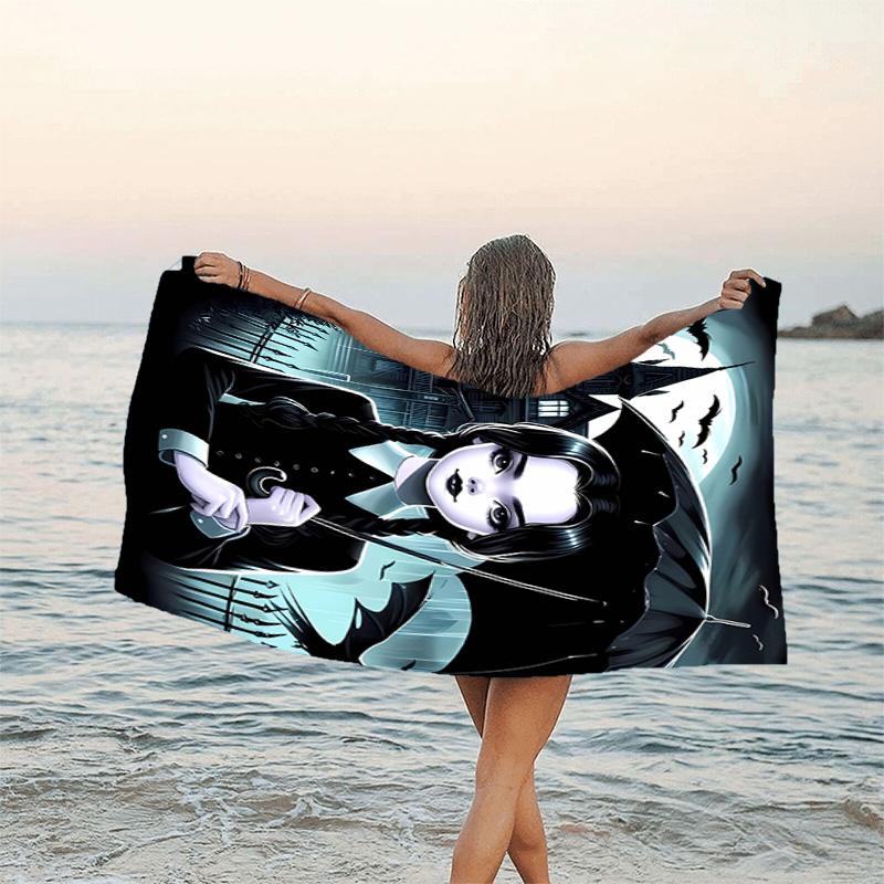 1pc Addams Family Wednesday1 Beach Towel, Sports Cape, Beach and Seaside Swimming Pool Equipment, Fashion Pattern, Rectangular, Travel Essentials