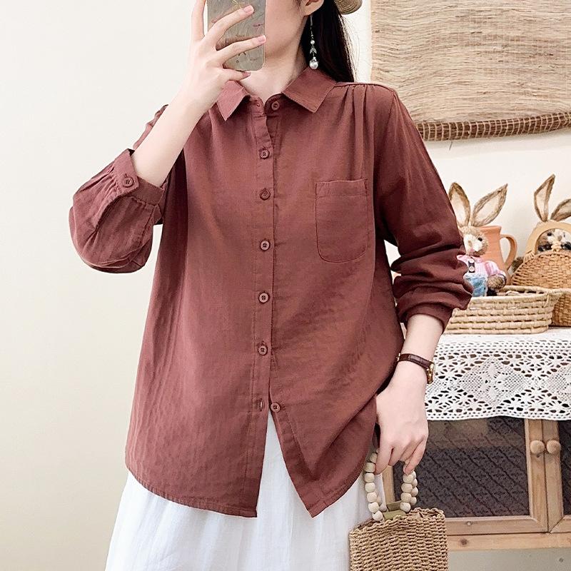 Spring and Autumn New Double-layer Cotton Yarn Pure Cotton Shirt Women's Japanese Literary and Art Style Loose Casual Skinny Versatile Shirt Top