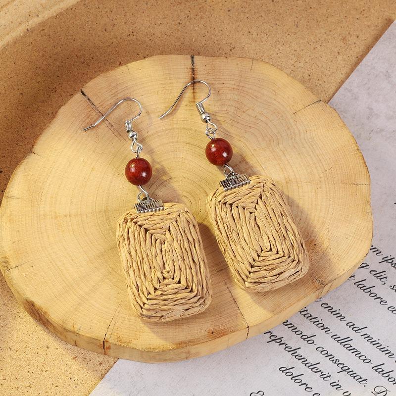 Vintage vacation style grass vine woven earrings Bohemian seaside niche exaggerated stud earrings women's earrings