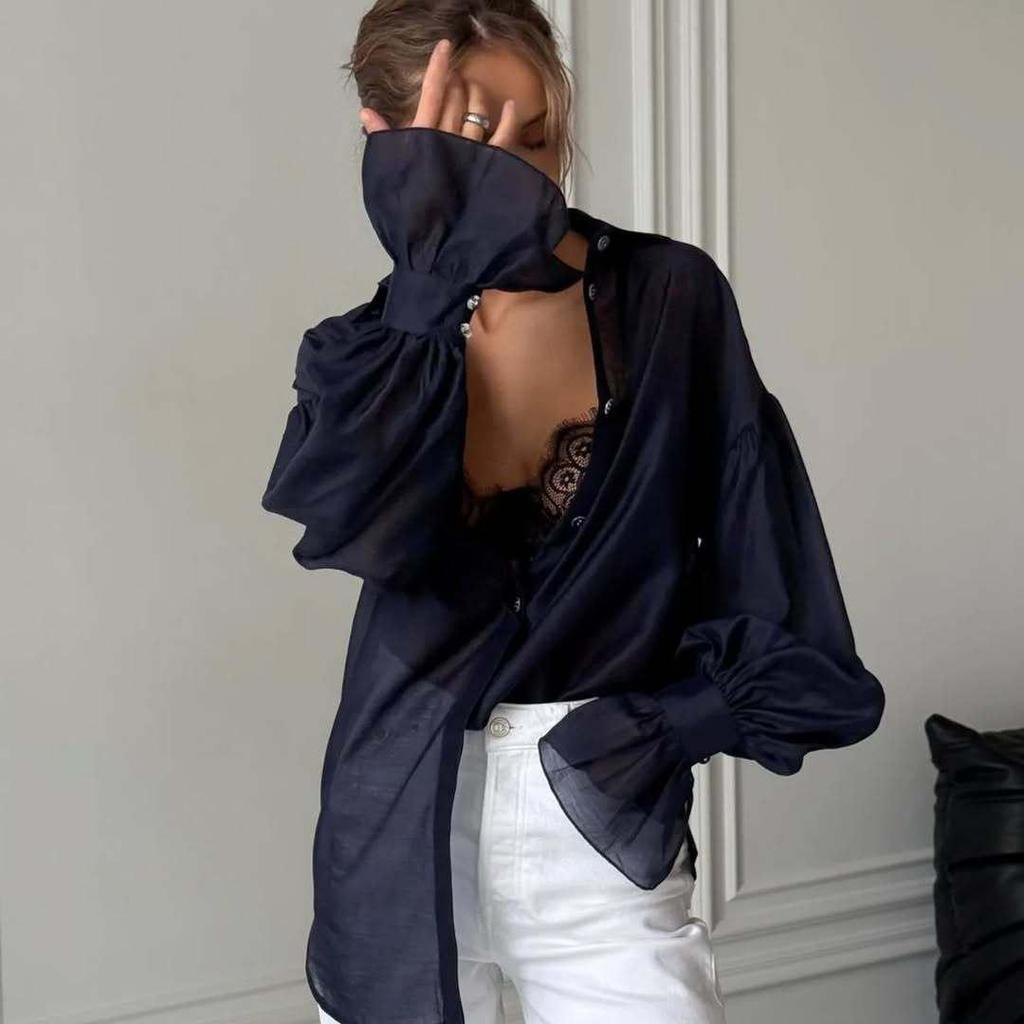 2025 Spring Women's Sweet Fresh Loose Lapel Lantern Sleeve Long Shirt Top