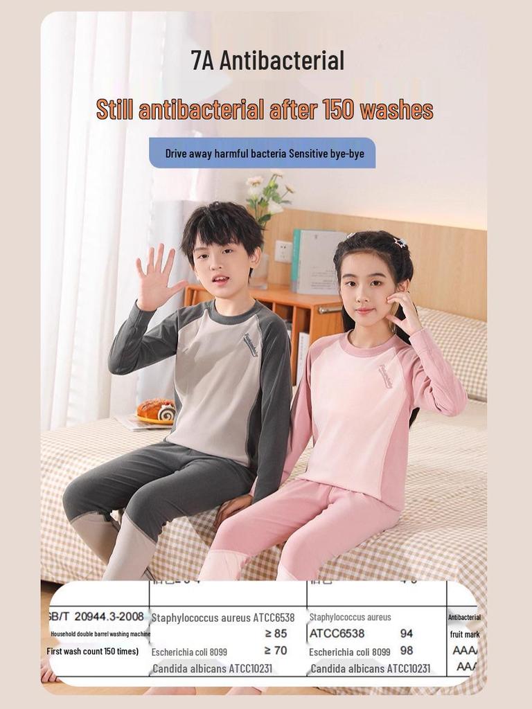 Children's Thermal Underwear Set: Boys' Spliced Pajamas & Girls' Antibacterial Autumn Wear