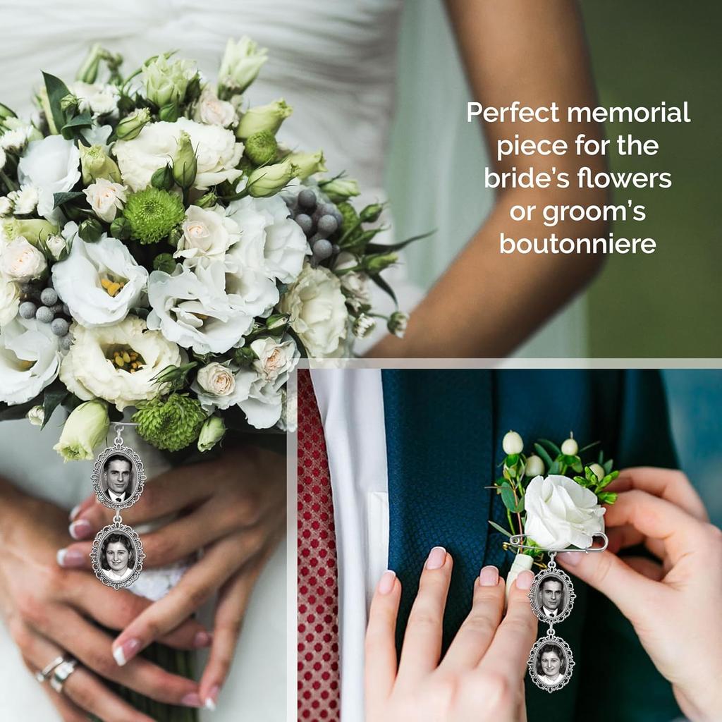 Wedding Bouquet Photo Charm Pin Cascading Double Oval Frame for Bride's Flowers or Boutonniere, Silver plate
