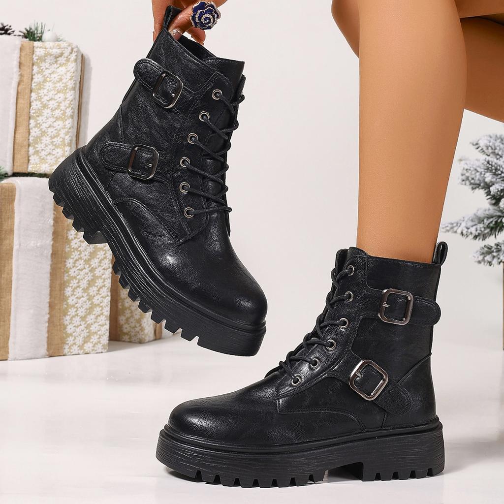 Fashion 2025 Black Ankle Boots Square Heel Front Lacing Women New Rock Motorcyccle Boots Big Sizes Platform Women Shoes Zapatos De Mujer