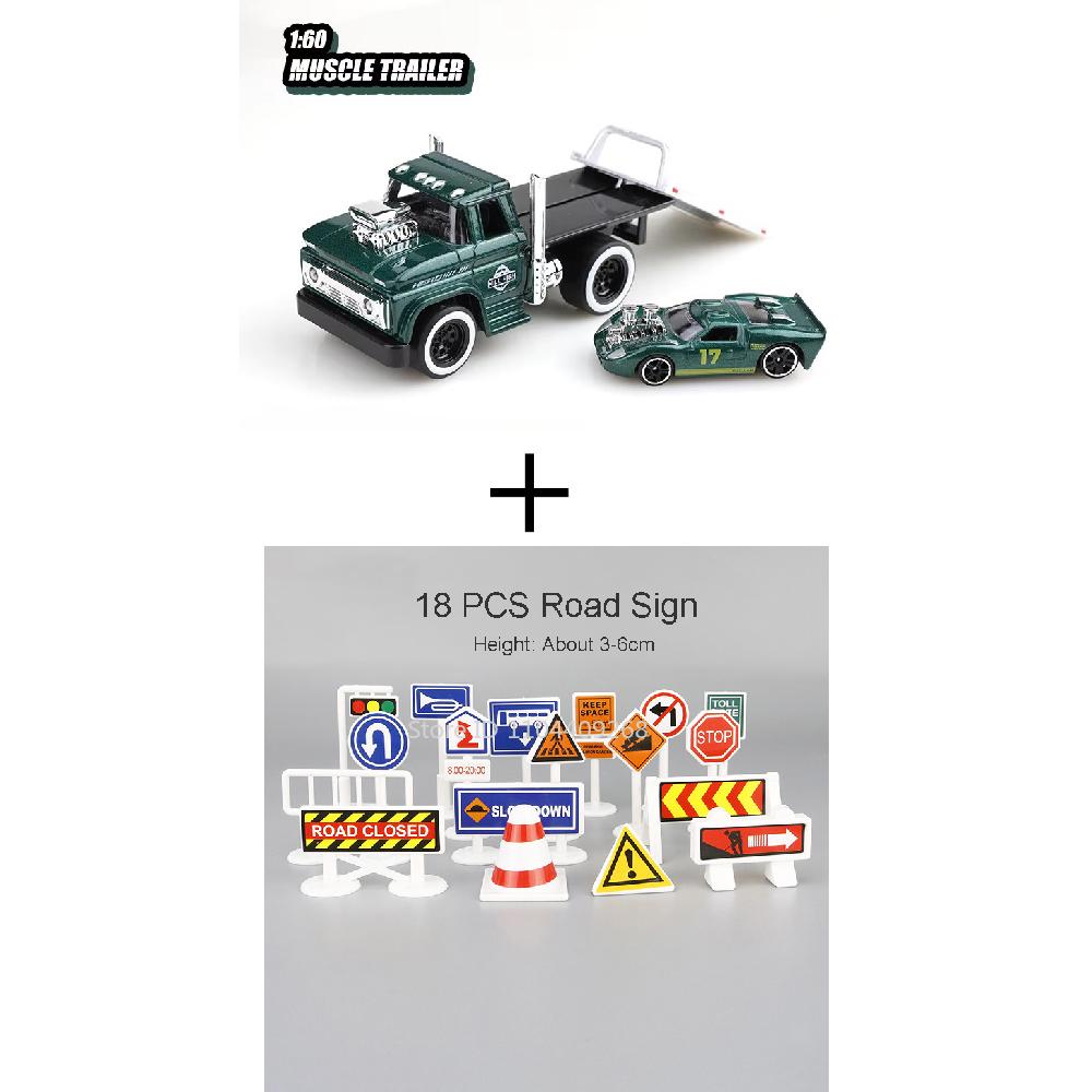 Scale 1:60 American Muscle Trailer Model Toy Car Sound Light Alloy Diecast Pull Back Flatcar Models Birthday Gifts for Kids