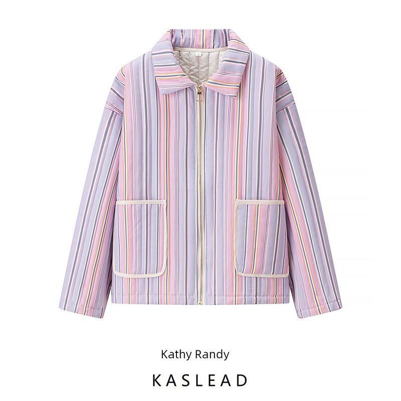 Kaslead New Women clothes Western Style Versitile Fashion Basic Stripe Cotton-Padded Coat Outerwear