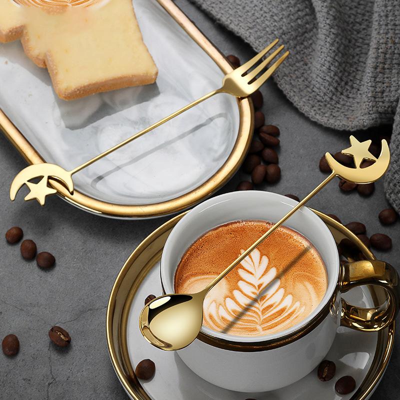 Stainless Steel Spoon Fork Star Moon Tableware Set Gold Coffee Spoon Teaspoon Fruit Dessert Accessorios Cake Home Restaurant