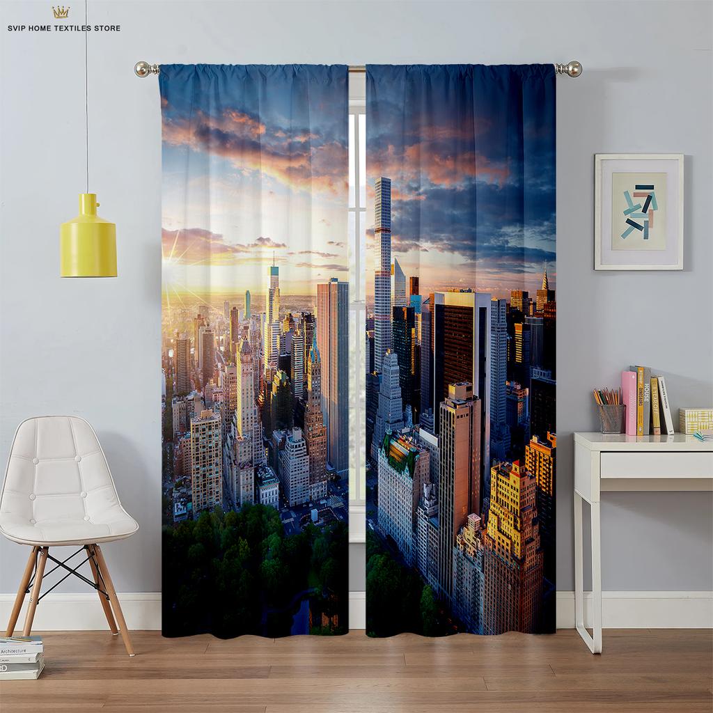 City Night View Building 3d Printing Curtains Living Room Study Bedroom Blackout Curtains High Quality Black Silk Material 2 Pcs