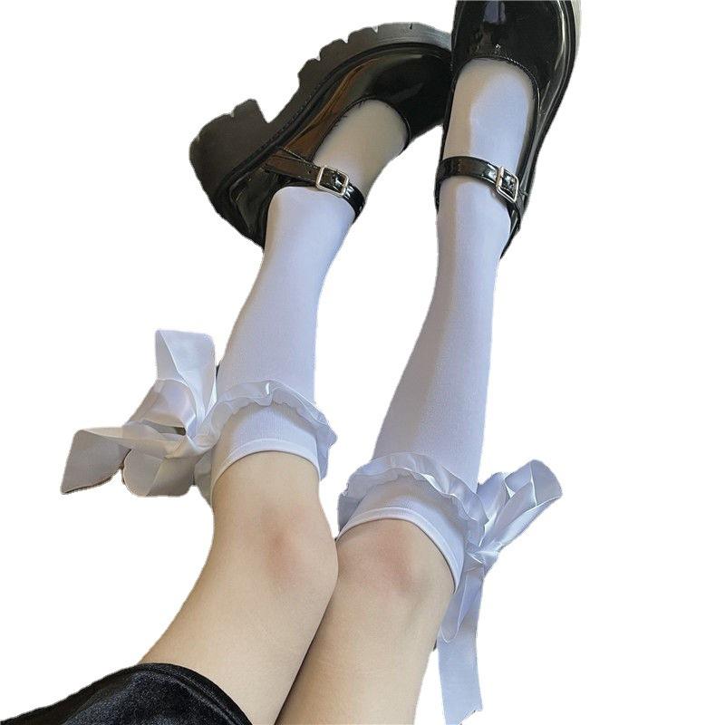Black Streamer Half-length Stockings Women's Thin Summer Cute Medium Tube Calf Socks Lolita Bow Jk Long Socks