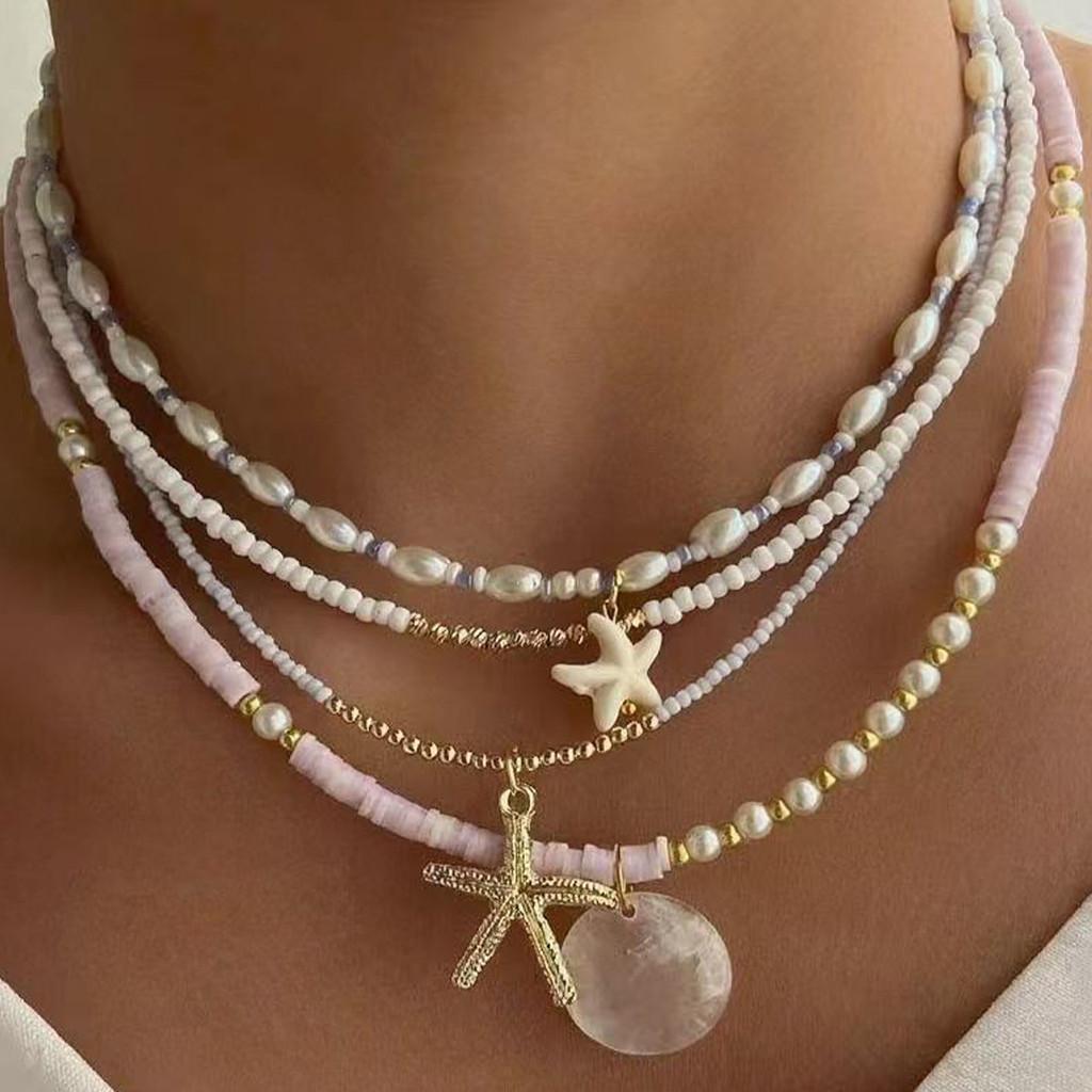 Soft Clay Artificial Pearl Necklace Set With Star Charm In Boho Style For Summer