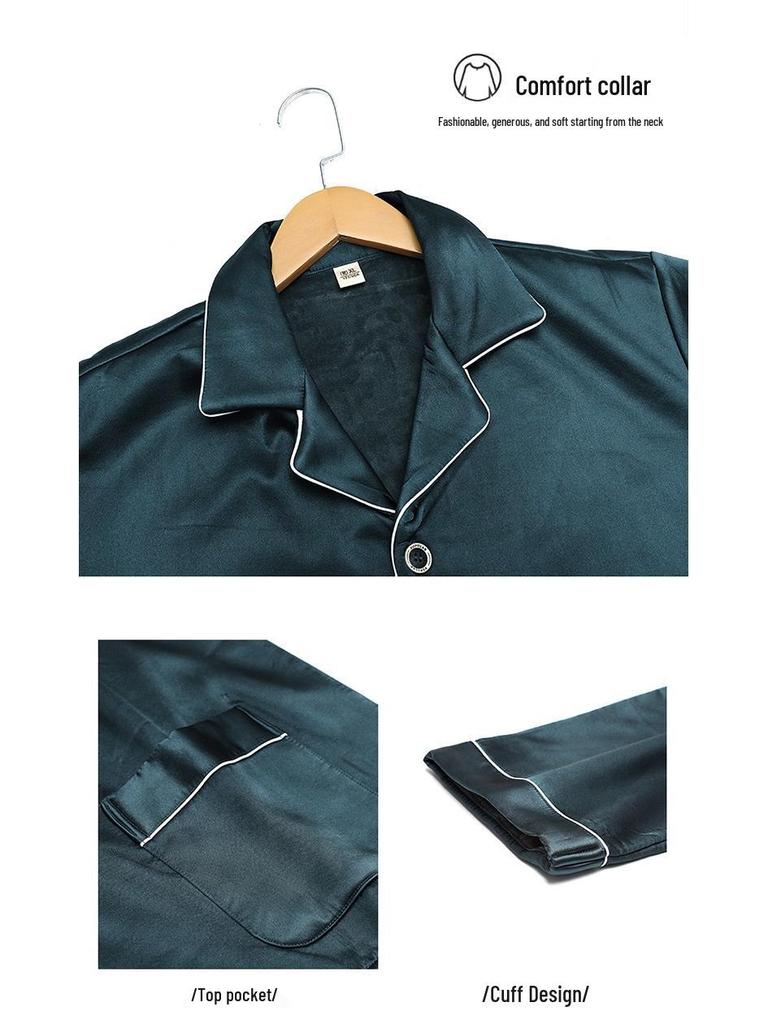 Men's Luxury Fleece-Lined Ice Silk Pajamas: Long Sleeve Satin Set for Fall/Winter, Wear Indoors or Outdoors