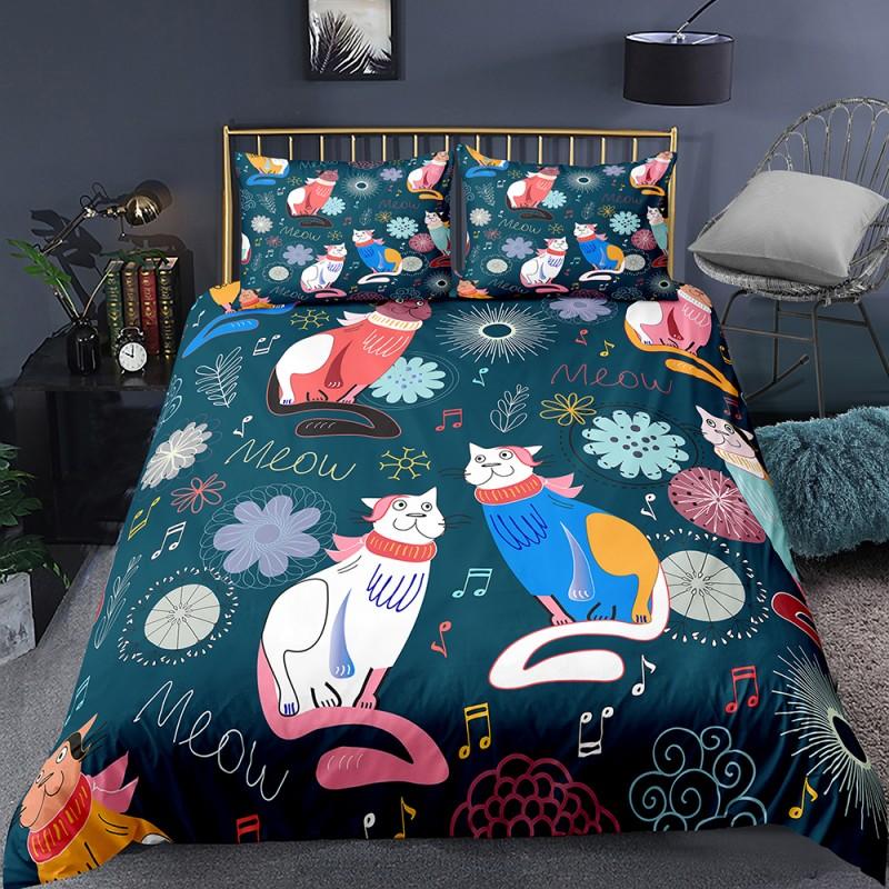 Cat Flowers King Queen Duvet Cover Cartoon Kitty Floral Bedding Set For Kids Lovely Animals Black 2/3pcs Polyester Quilt Cover