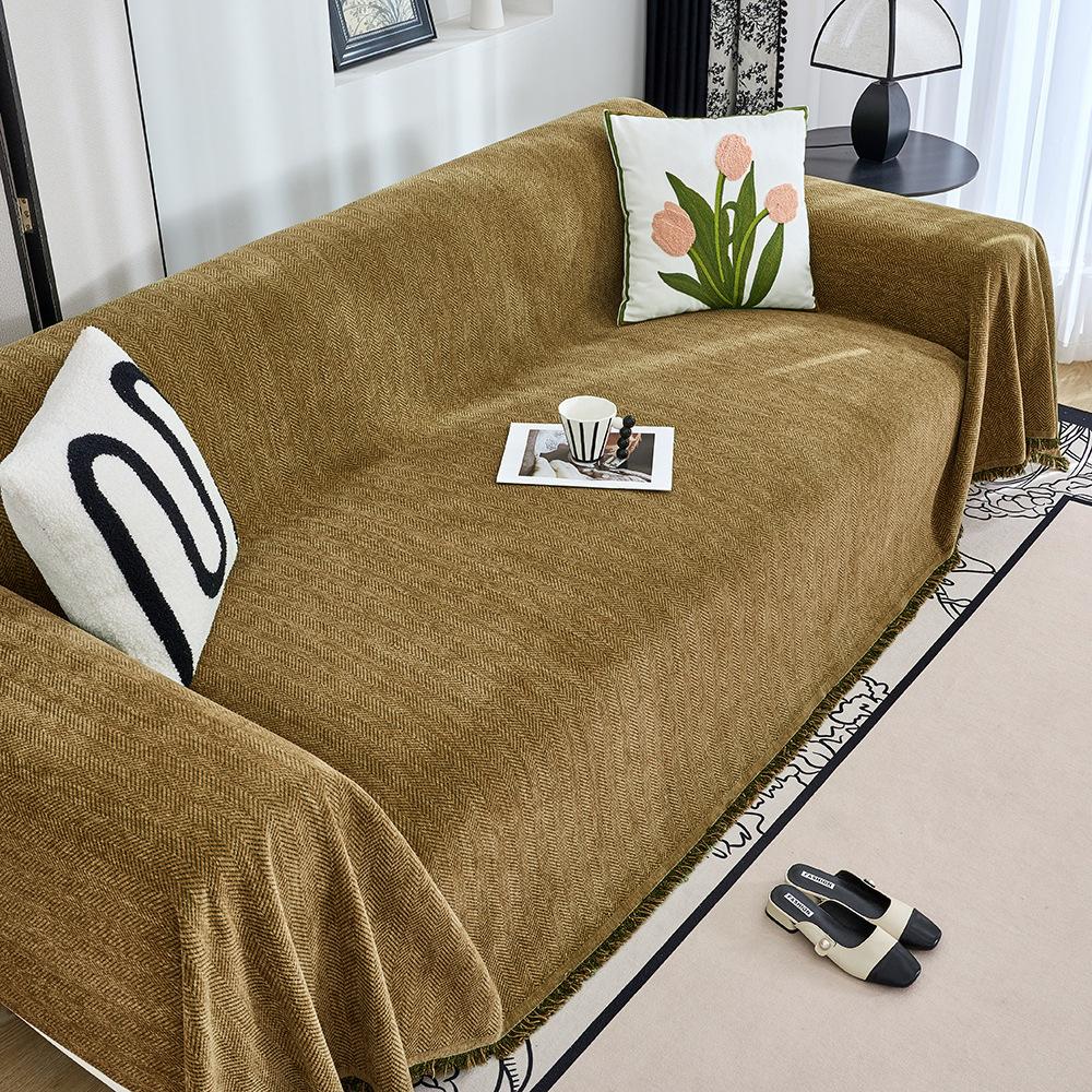 

Полотенце для дивана из шенилла для гостиной, одеяло для дивана во французском стиле, украшение для дома, чехол для дивана, вафельная подушка с кисточками и краем 90x180cm коричневый