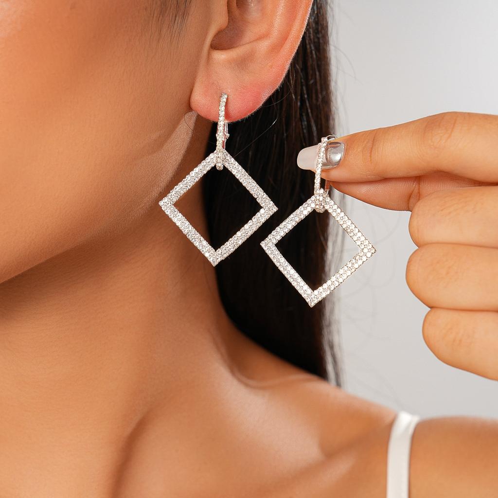 Light luxury style diamond-set square geometric silver needle earrings fashion earrings temperament earrings