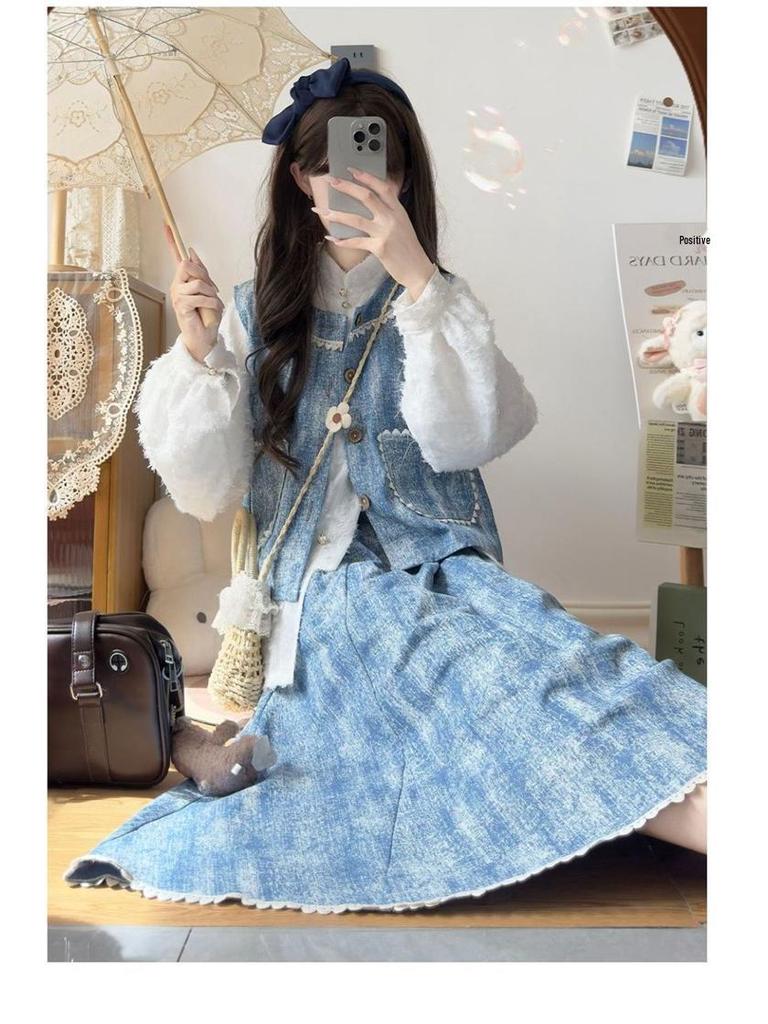 Ensemble jupe et gilet en jean bleu pour femme Printemps/Automne 2026 - Design trois pièces