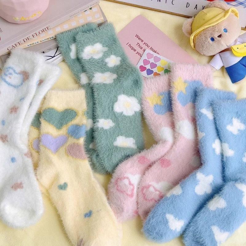 1/5pairs Cartoon Warm Thicken Sock Autumn Winter Fashionable Versatile Mid Socks Casual Comfortable Women's Socks Sleeping Socks