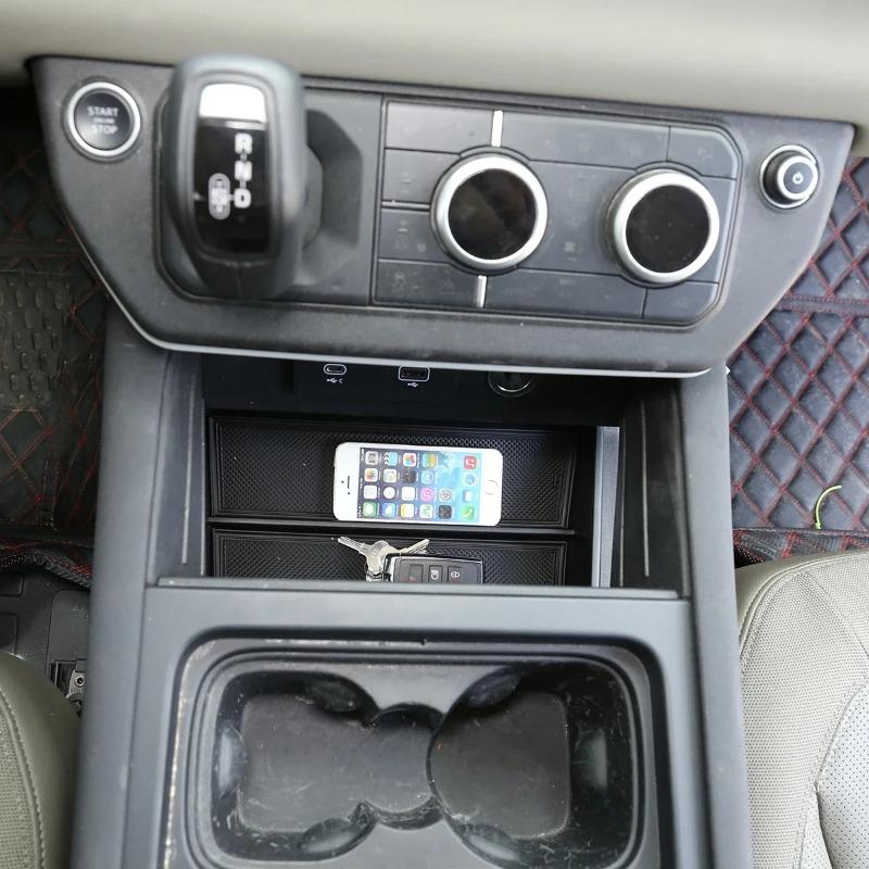 Pour Land Rover Defender 90 110 130 20-24 ABS Boîte de rangement inférieure de console centrale de voiture Boîte de rangement d'accoudoir Boîte pour téléphone Accessoires de voiture