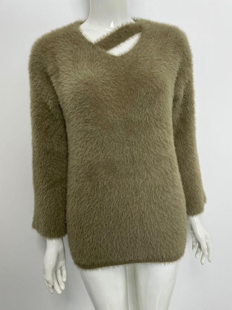 2025 Hollow V-Neck Faux Mink Velvet Sweater: Soft Knit Women's Solid Color Top