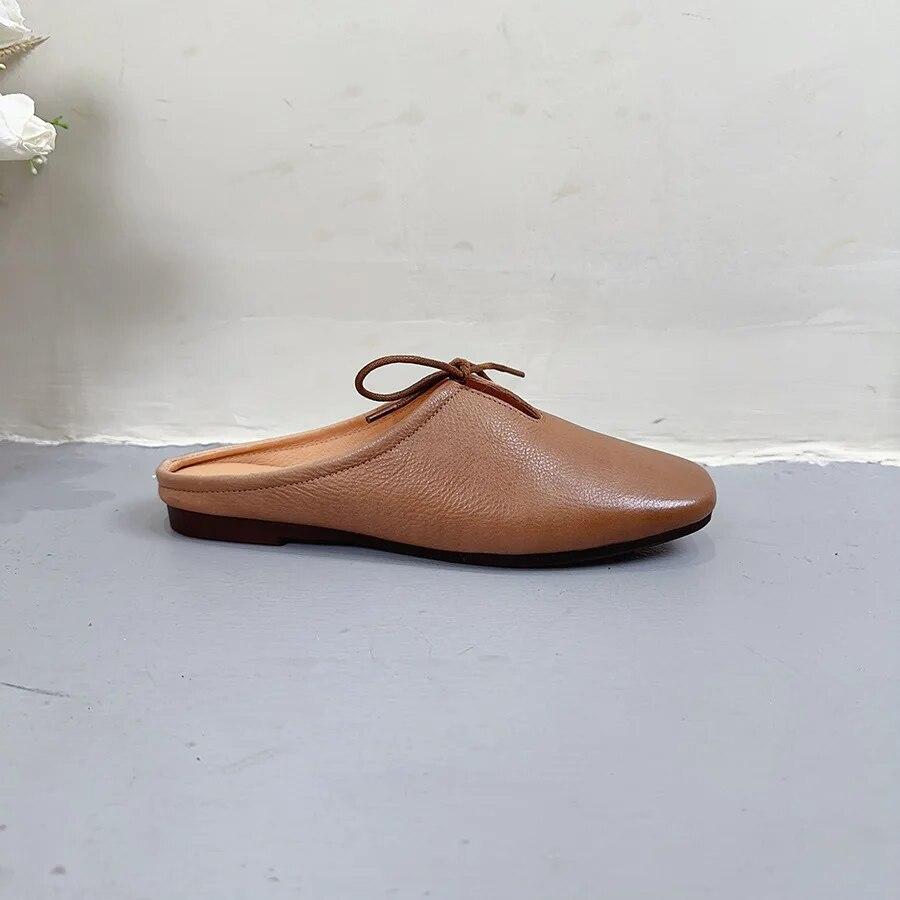 Johnature Chinelos casuais de couro genuíno com sola macia, cor sólida, salto baixo, sapatos femininos, slides externos