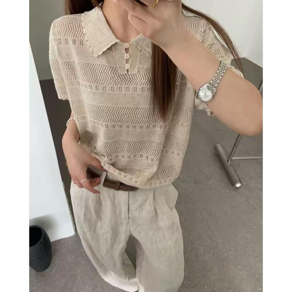 Korean Casual Hollow Out Women's Loose Short Sleeve Top