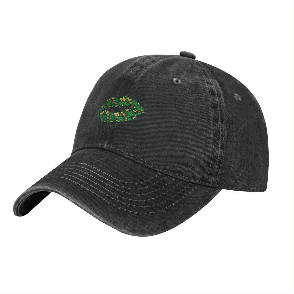 St Patricks Day Lips Print Washed Baseball Cap Vintage Casual Adjustable Cotton Hat Unisex