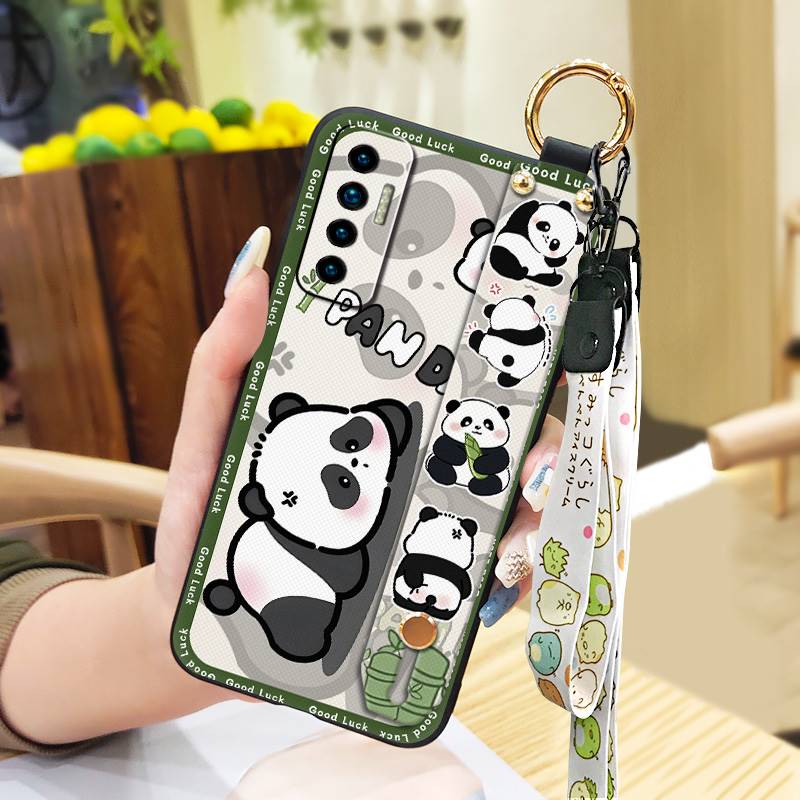 Fashion Design Cute Phone Case For Tecno Camon17P Phone Holder Cartoon Back Cover Shockproof Panda Silicone Ring Lanyard