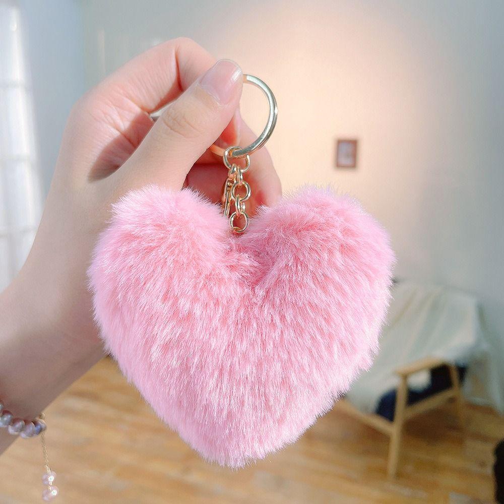 Love Heart Plush Bag Pendant Fluffy Ball Car Key Ring Imitation Rabbit Fur Solid Color Key Chain Bag Accessories