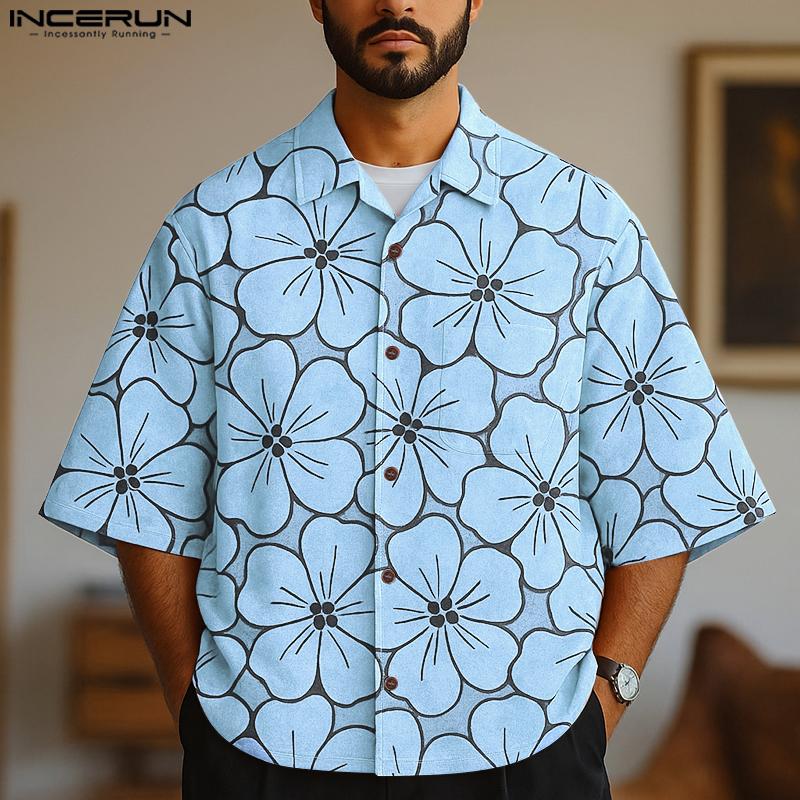 INCERUN Oversized Men Lapel Neck Half Sleeve Floral Print Casual Shirts