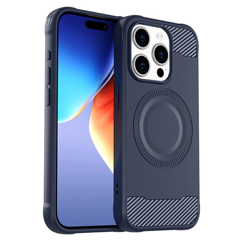 

For iPhone 14 Pro Max Case Compatible with MagSafe Carbon Fiber Texture TPU Phone Cover Blue