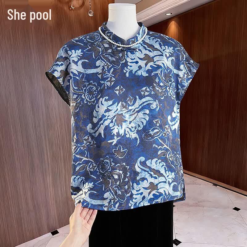 Printed Stand-Collar New Chinese Style Shirt L