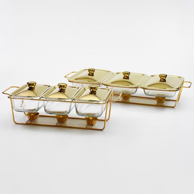 Restaurant Buffet Stove Chaffing Dish Golden Rectangular Three-Grid Glass Dining Stove Glass Heating Container