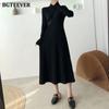 Elegant Warm Half Turtleneck Ladies A-line Sweater Dress Full Sleeve Slim Waist Women Knitted Mid-Calf Vestidos Autumn