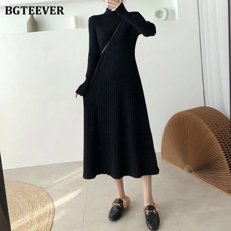 Elegant Warm Half Turtleneck Ladies A-line Sweater Dress Full Sleeve Slim Waist Women Knitted Mid-Calf Vestidos Autumn