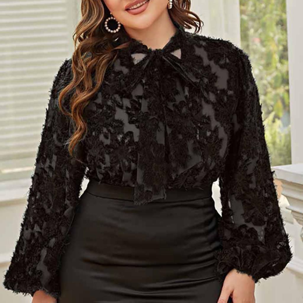 Plus Size Women's Loose-fitting Bow Long-sleeved Top For Commuting