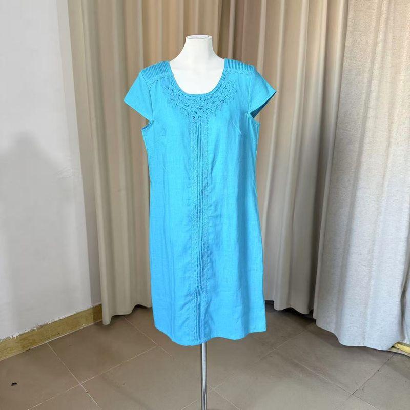 

Pure Linen round Neck Embroidered Decoration Mid-Length Comfortable Loose Version Dress Blue XL