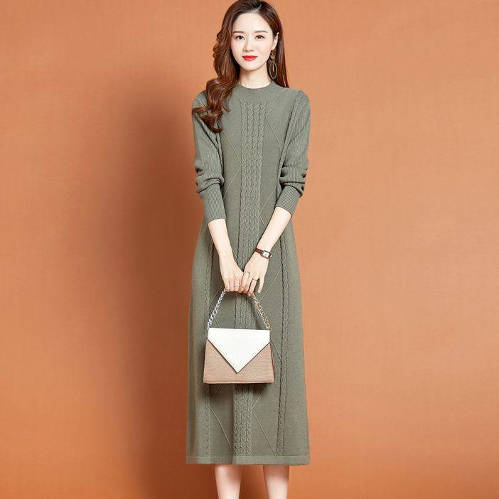 Knitted Dress for Women Mid-length Straight Sweater Dress Long Pullover Loose Knitted Sweater Knee-length Base Sweater