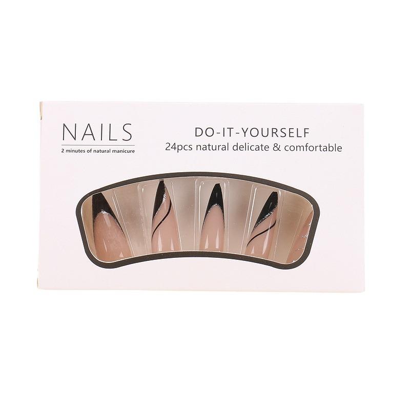 Bestseller 24-teilige Französische Schwarzkanten-Aufklebenägel mit gestreiftem Glitzer und Strasssteinen