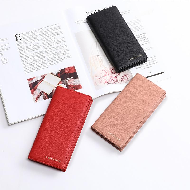 Cowhide Wallet Women's Long Folding Wallet Wallet Wallet Ticket Clip Clutch Retro Multi-function Change
